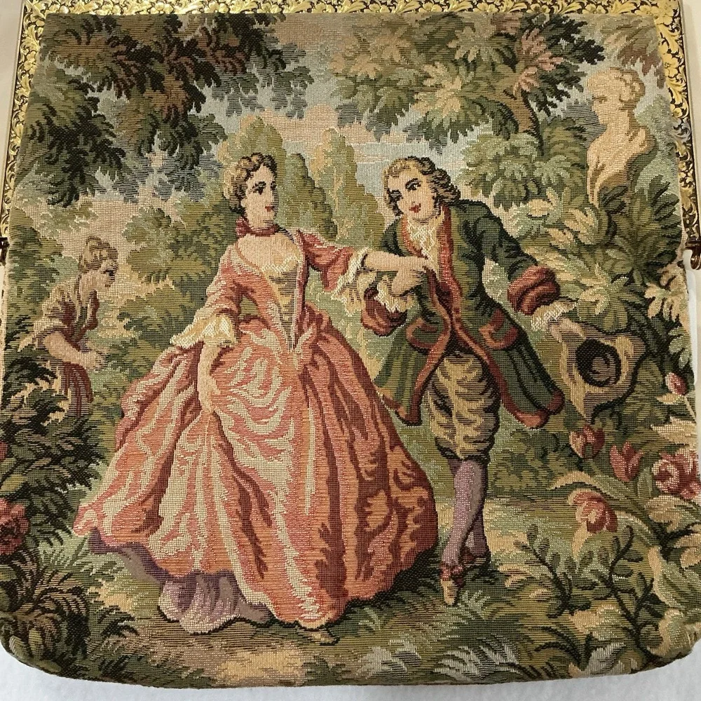 Vintage Delill Tapestry Frame Kisslock Clutch Bag Chain Strap French Rococo 50s